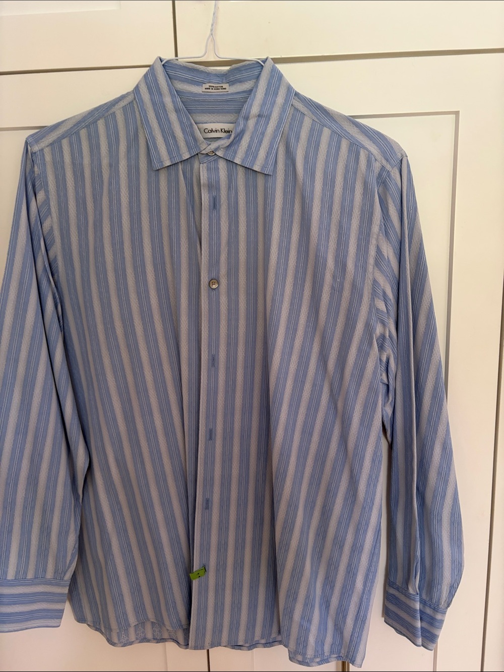 Calvin Klein Men's Blue and White Vertical Stripe Dress Shirt